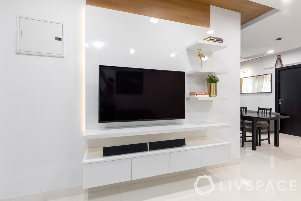 3 bhk home decoration-white tv unit
