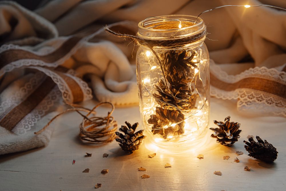 Christmas ideas-pinecones in a jar-fairy lights