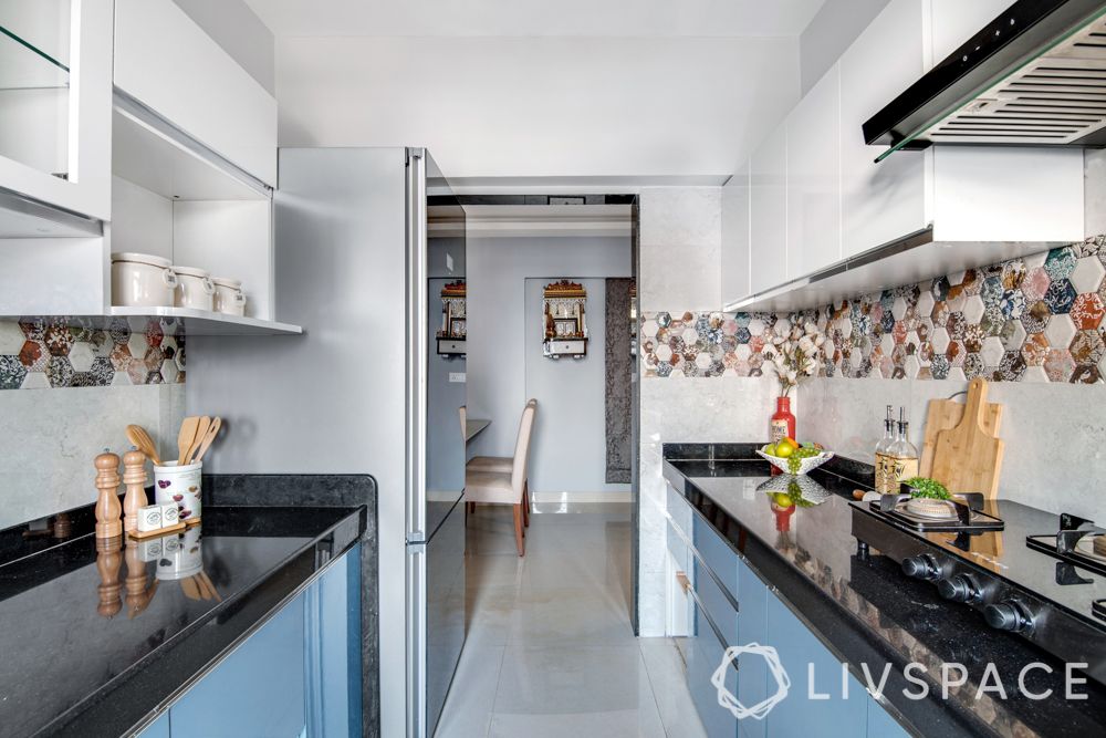 Mumbai flat interior-blue and white kitchen