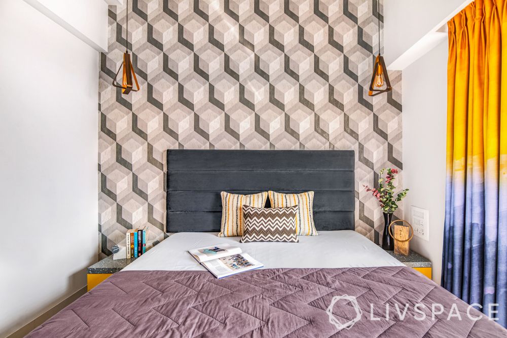 Mumbai interiors-wallpaper-suede headboard-terrazzo laminate