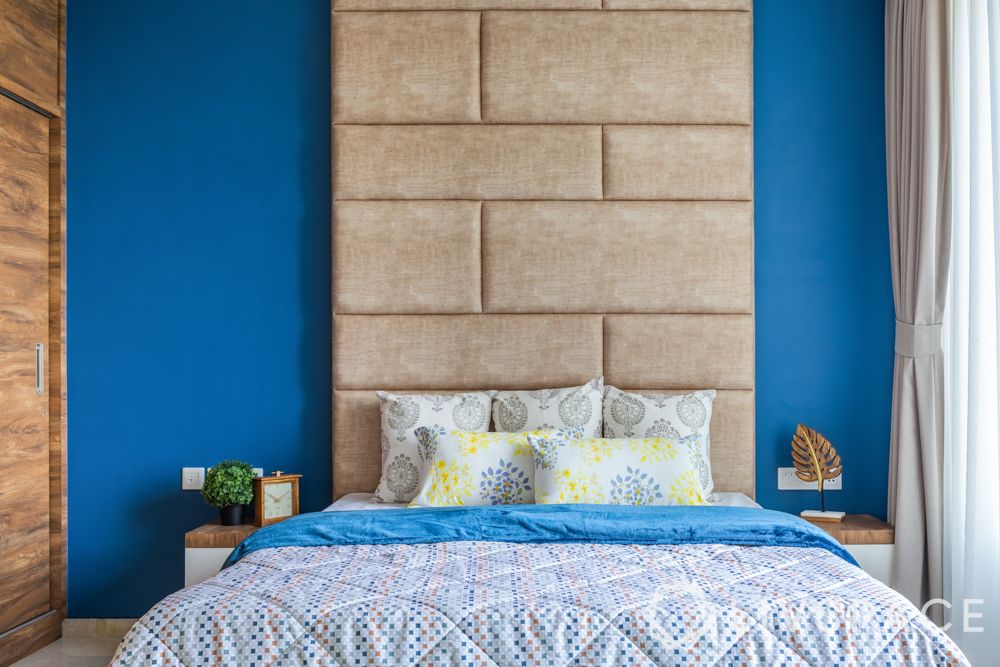 three bhk flat interior-blue wall paint-full height headboard
