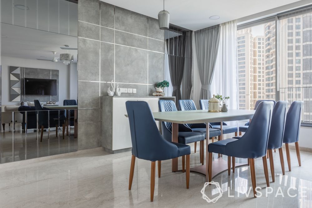 mirror panel-blue dining chairs-white dining table
