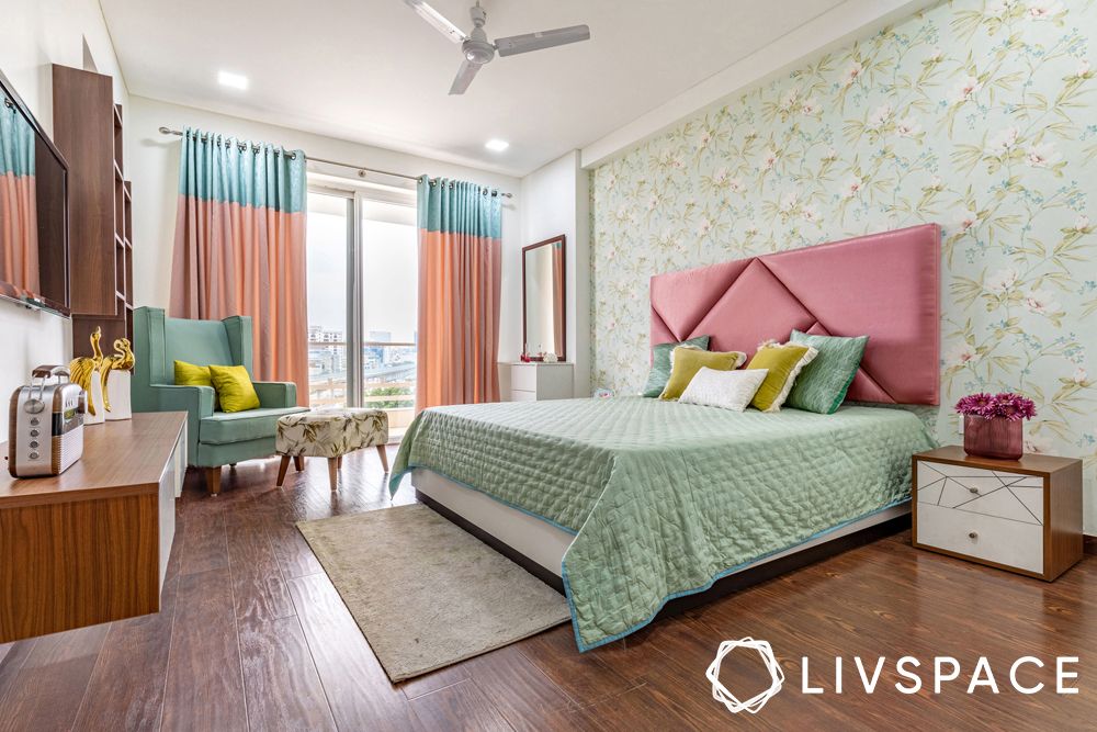 4bhk-bedroom-pastel-theme-mint-green-bed-floral-wallpaper

