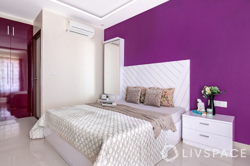  bed design-white bed-purple wall