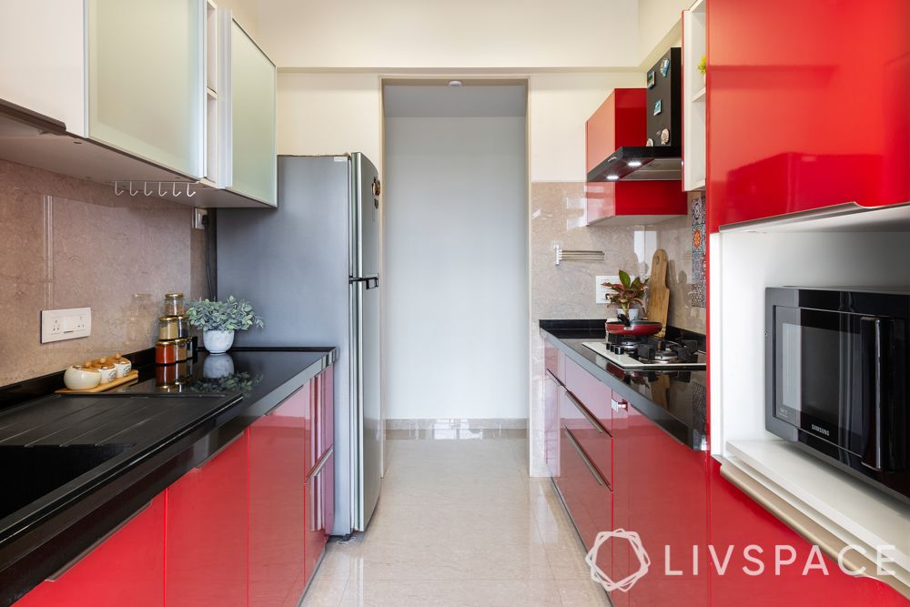 parallel kitchen-red kitchen- laminate finish kitchen
