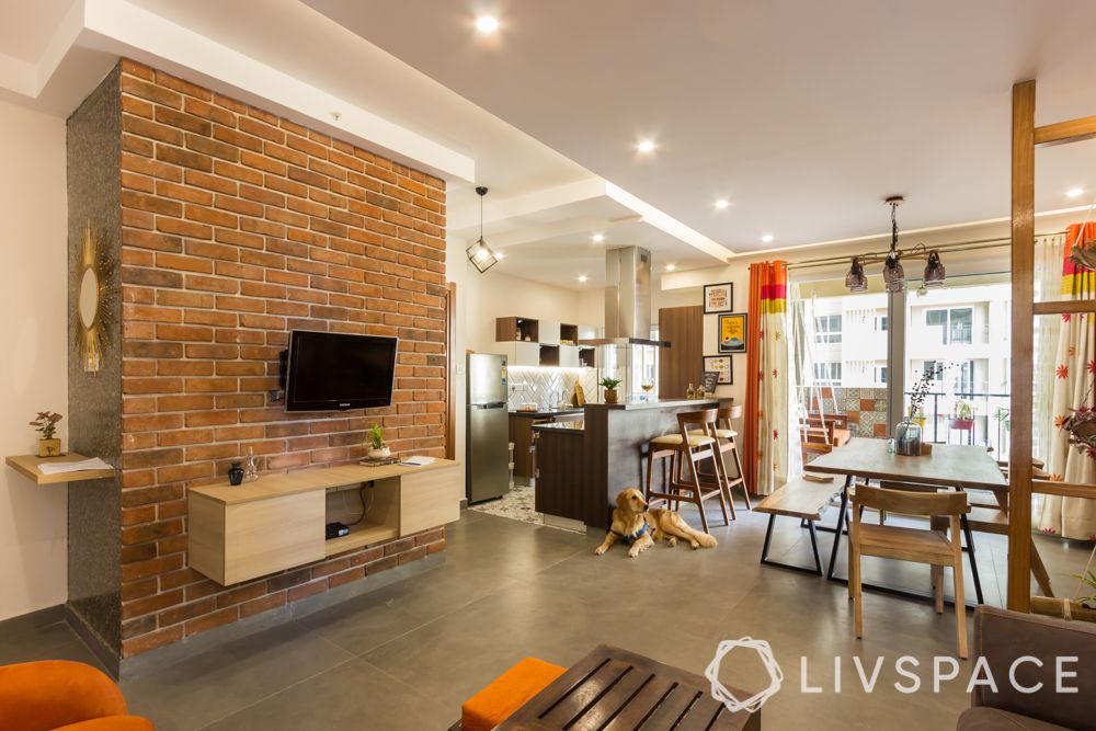 industrial living room-exposed brick wall-TV unit