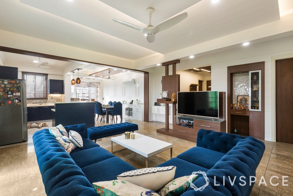 living space-blue sofa-TV unit-open space