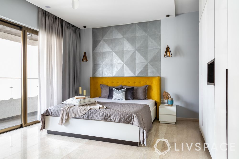 designer for homes-master bedroom-MDF panelling-hydraulic bed-mustard headboard-lighting