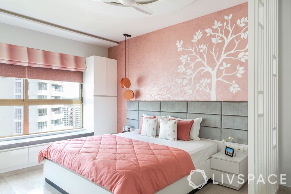 designer for homes-daughter room-rose gold and white-velvet headboard-stucco wall