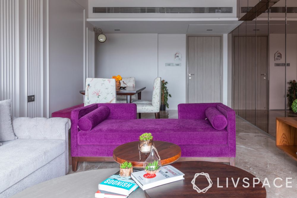 purple daybed-white walls with moulding
