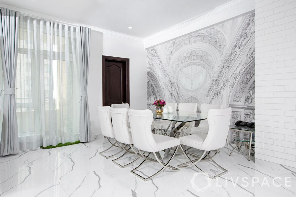 white dining room-marble flooring