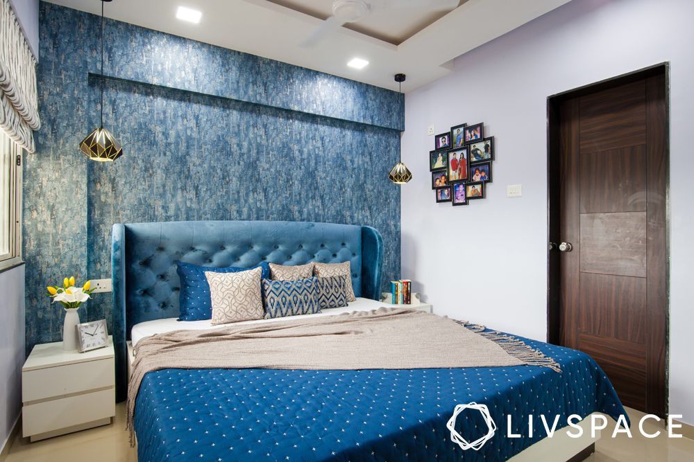 pune interiors-bedroom-blue accent wall-bed
