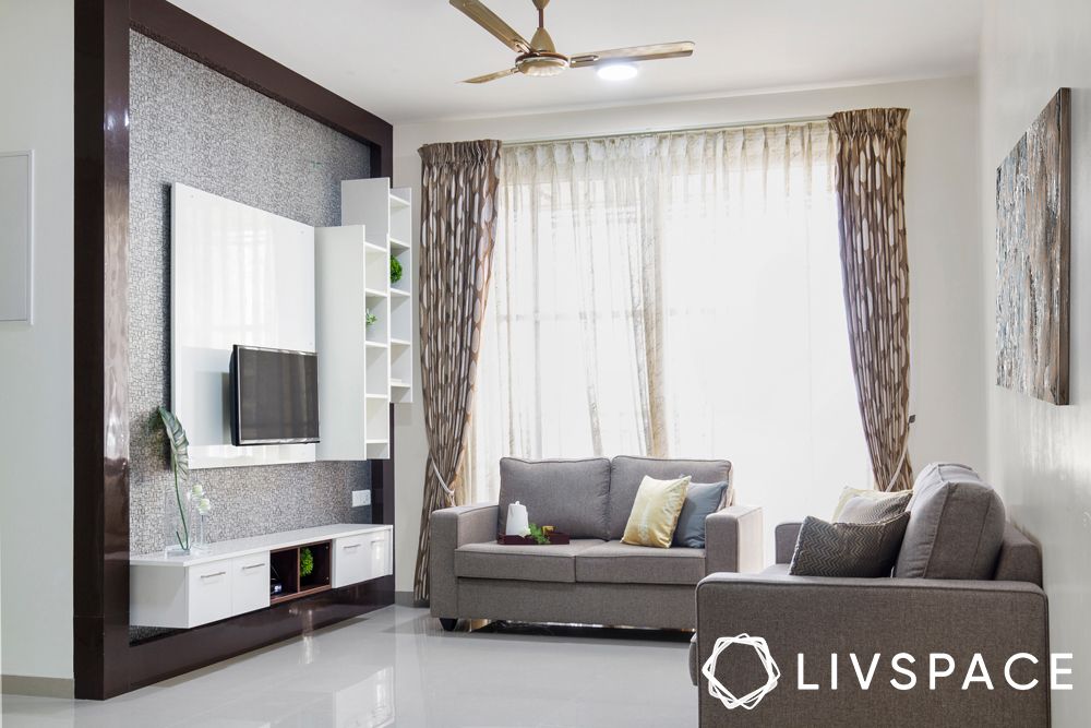 2BHK house design-living room-laminate TV unit-display unit-sofa