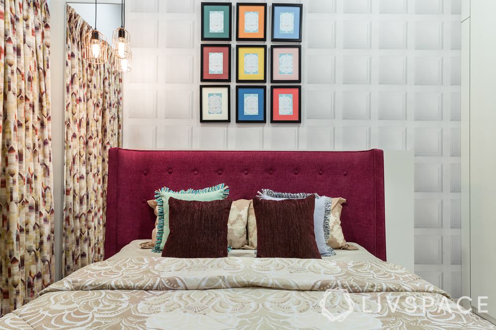 livspacehomes-mumbai-interiors-master-bedroom-fabric-headboard-geometric-wallpaper-artsy