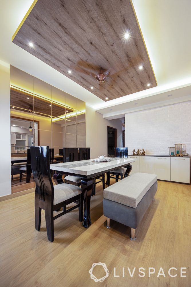 dining room-wooden ceiling design-mirror wall