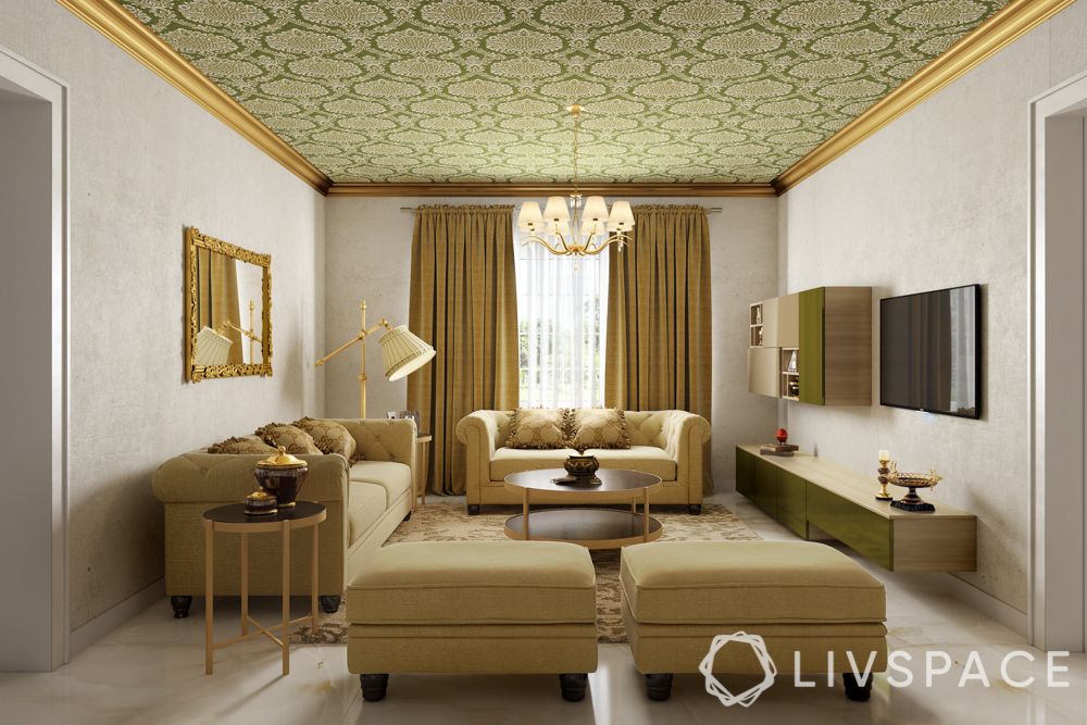 ceiling design trends-wallpaper-sofa-living room