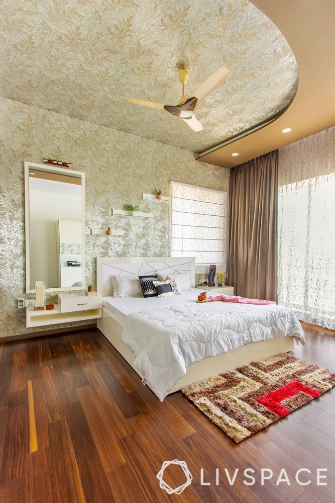 Wallpaper-pop false ceiling-bed-wooden flooring-vanity unit