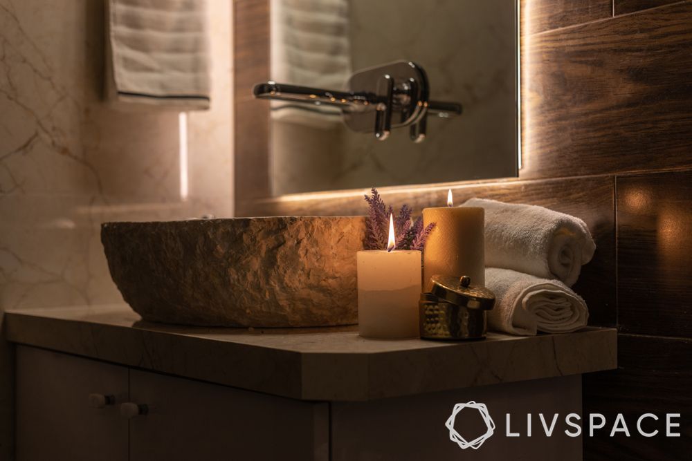 bathroom design India-profile lighting-backlighting-stone sink-candles