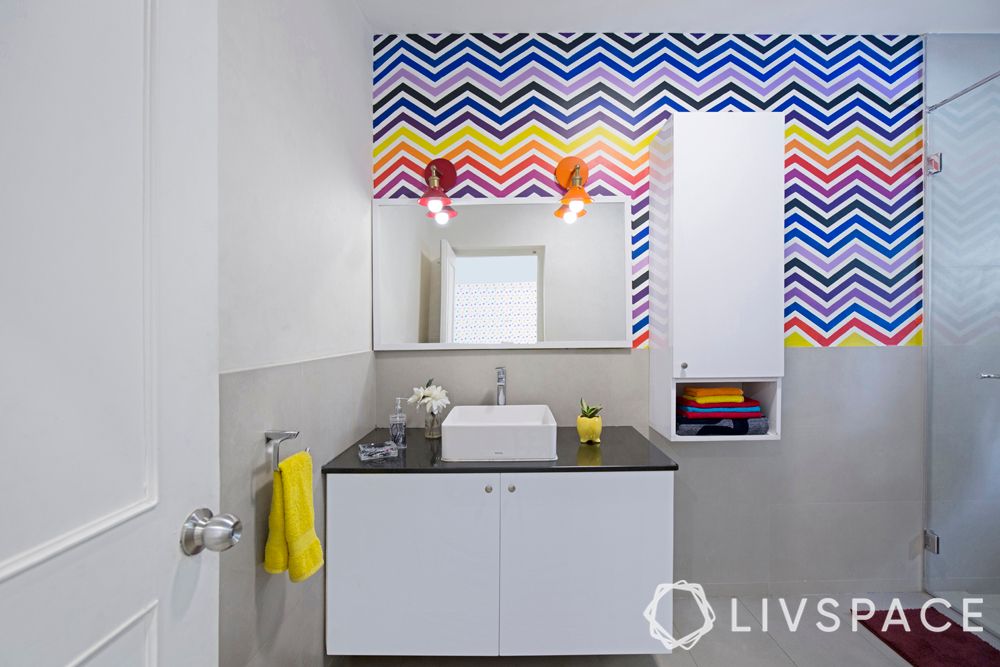 small bathroom designs for Indian homes-colourful stripes-white wall-whiteware