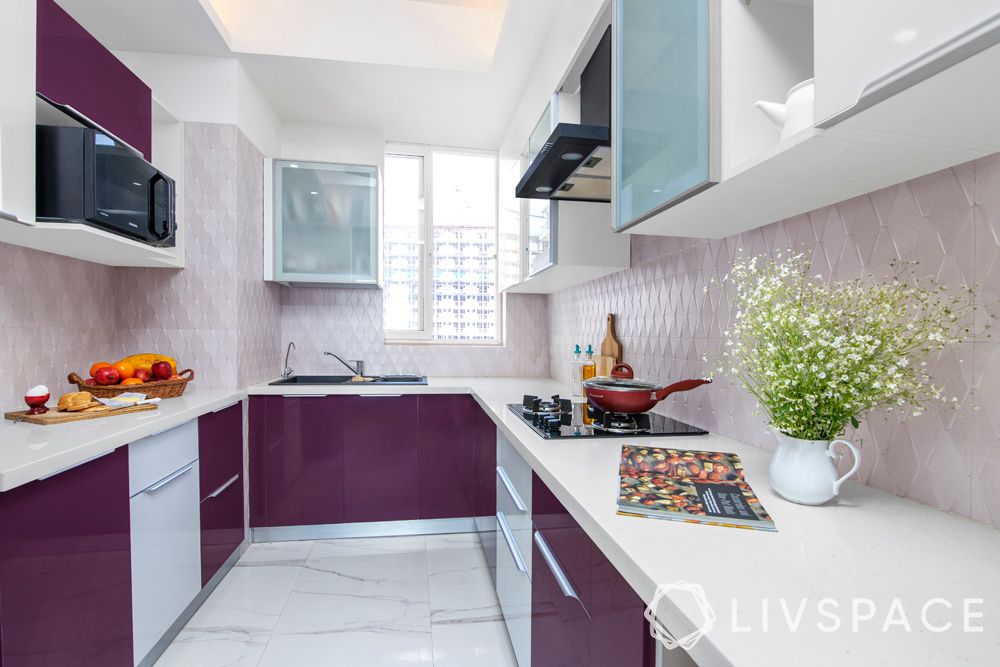 small kitchen design-U shaped kitchen-purple and white cabinets