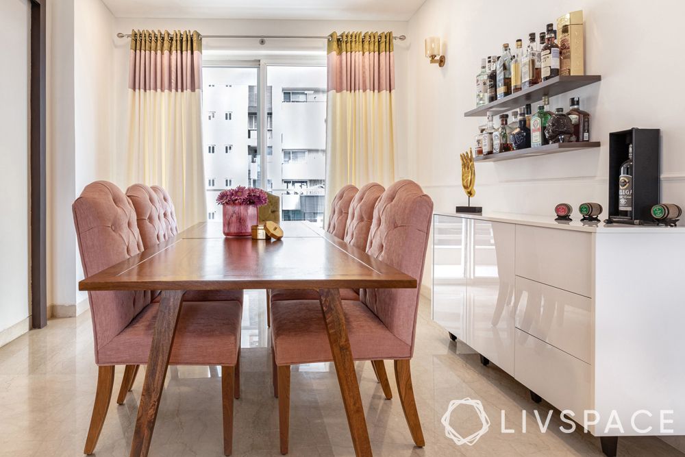 pastel colour combination-dining room-dusty pink chairs-wooden dining table-curtains