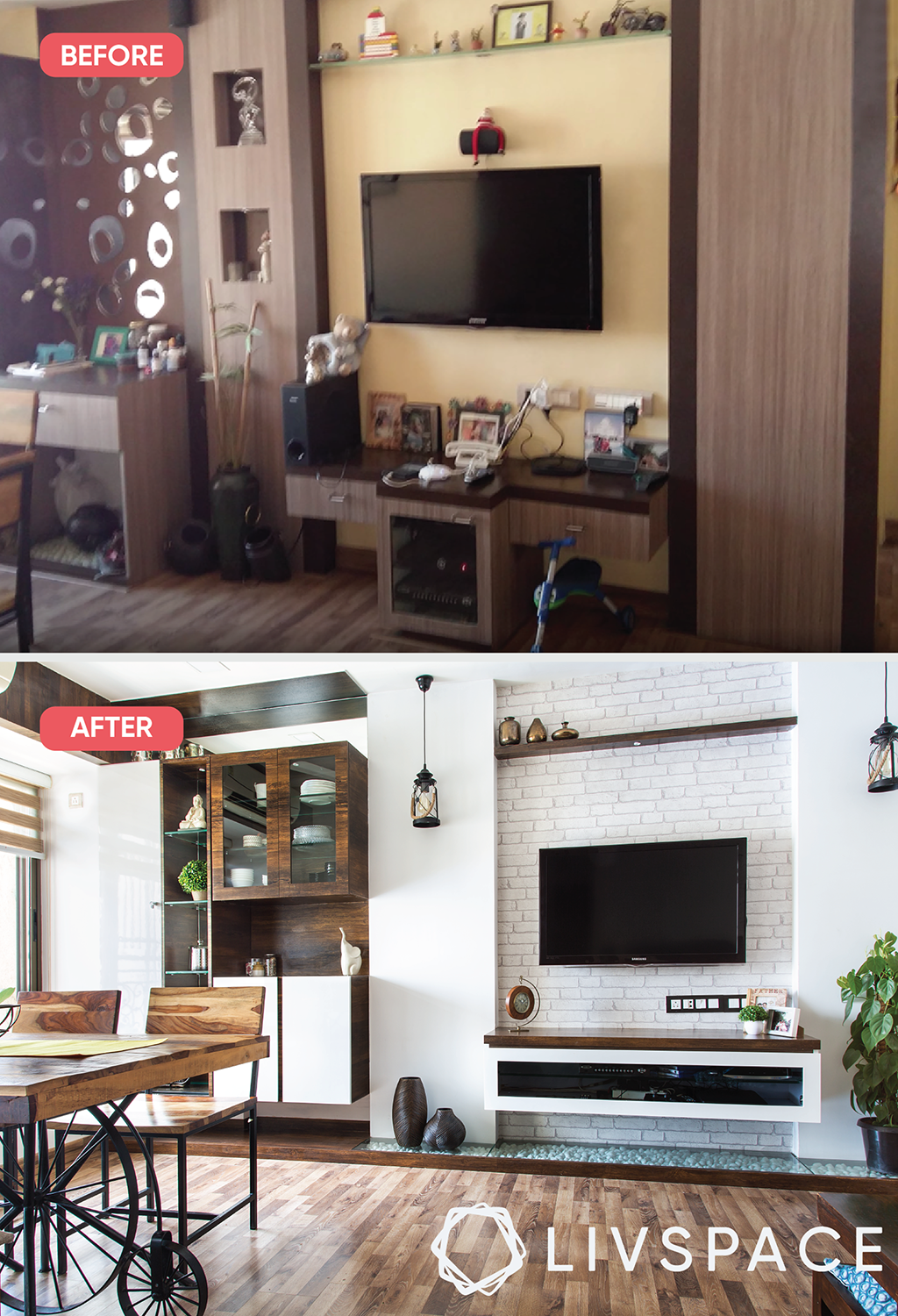 flat renovation-living room-white interiors-TV unit-brick wall-wooden elements
