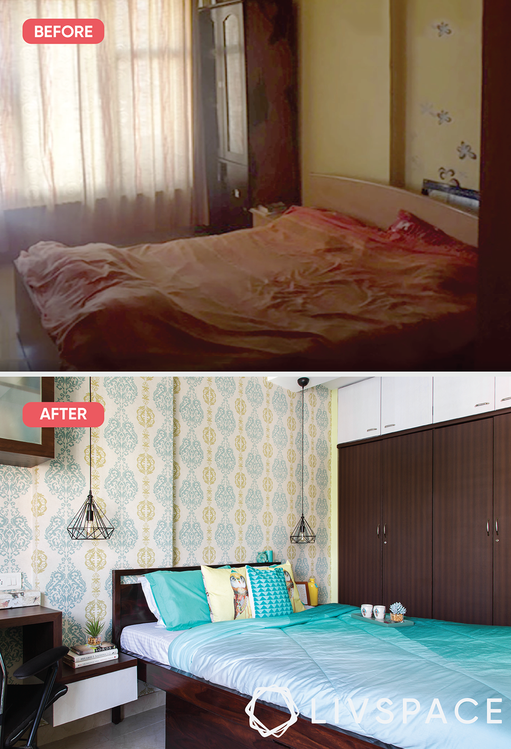 flat renovation-guest room-turquoise bed-Moroccan wallpaper-storage