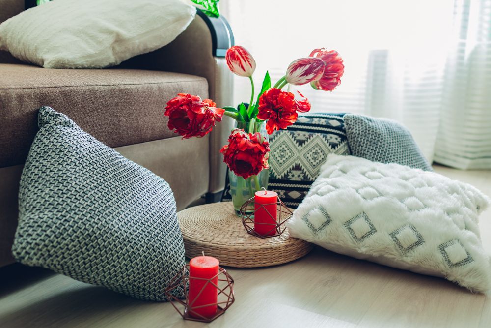 bedroom interior design-cushions-candle-flowers