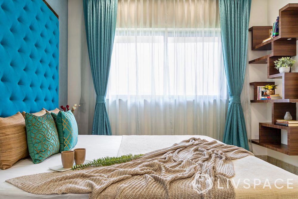 bedroom designing-long blue curtains-sheer drapes-bed