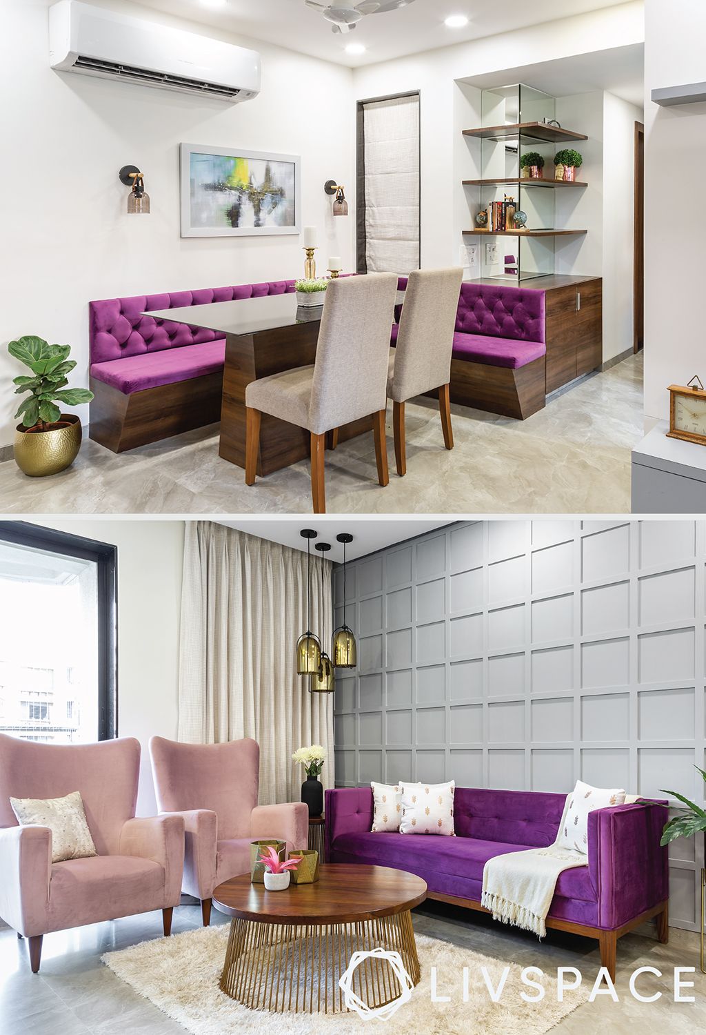3 bhk apartment interior-grey wall-purple sofa