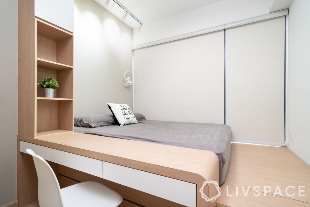 simple Indian bedroom design-vertical storage-integrated furniture