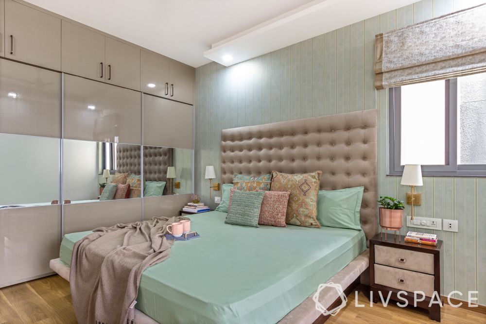 Indian style bedroom-sliding wardrobe-glossy finish-bed