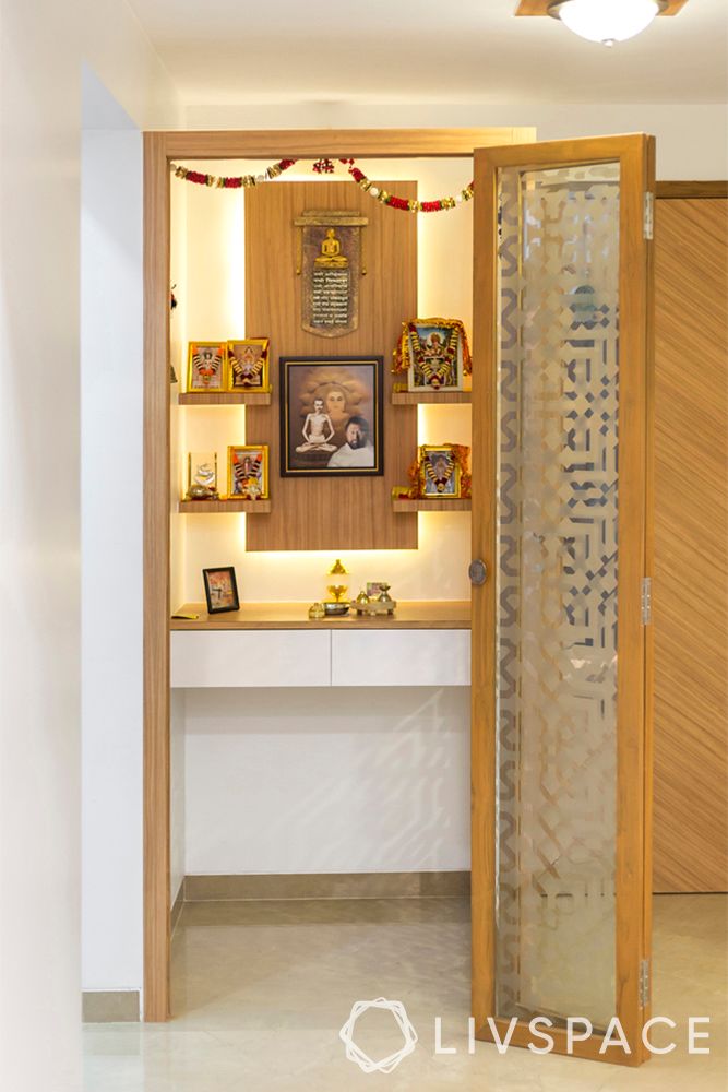 pooja room door designs with glass and wood-etched glass door