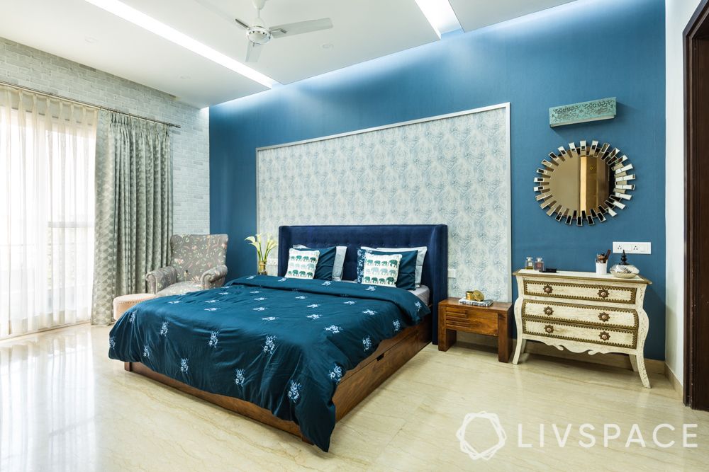 blue wall-interior house-blue bed
