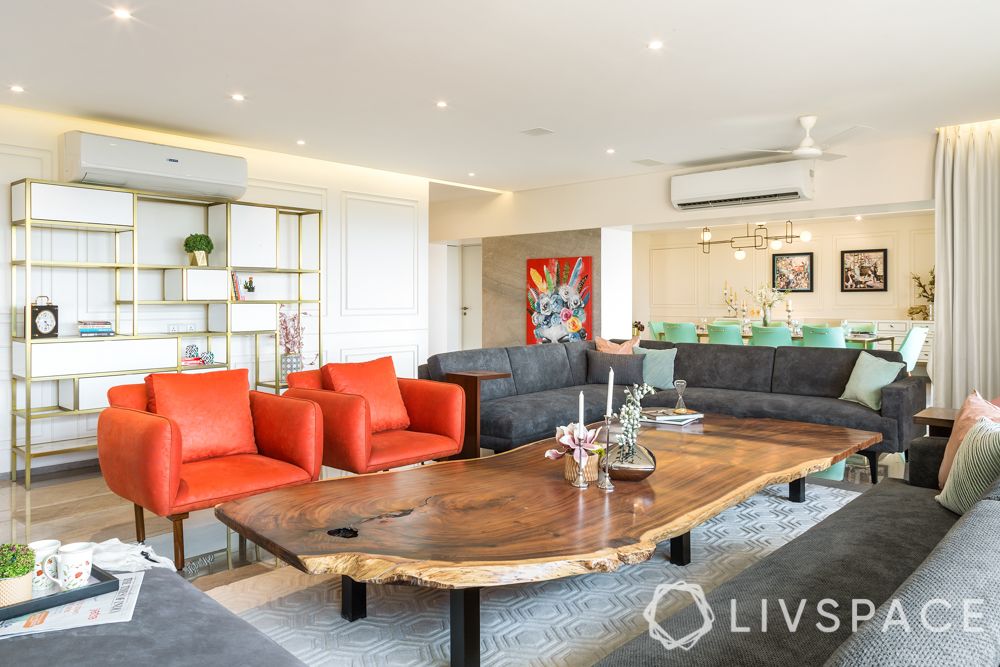 drawing rooms-orange armchairs-grey sofa
