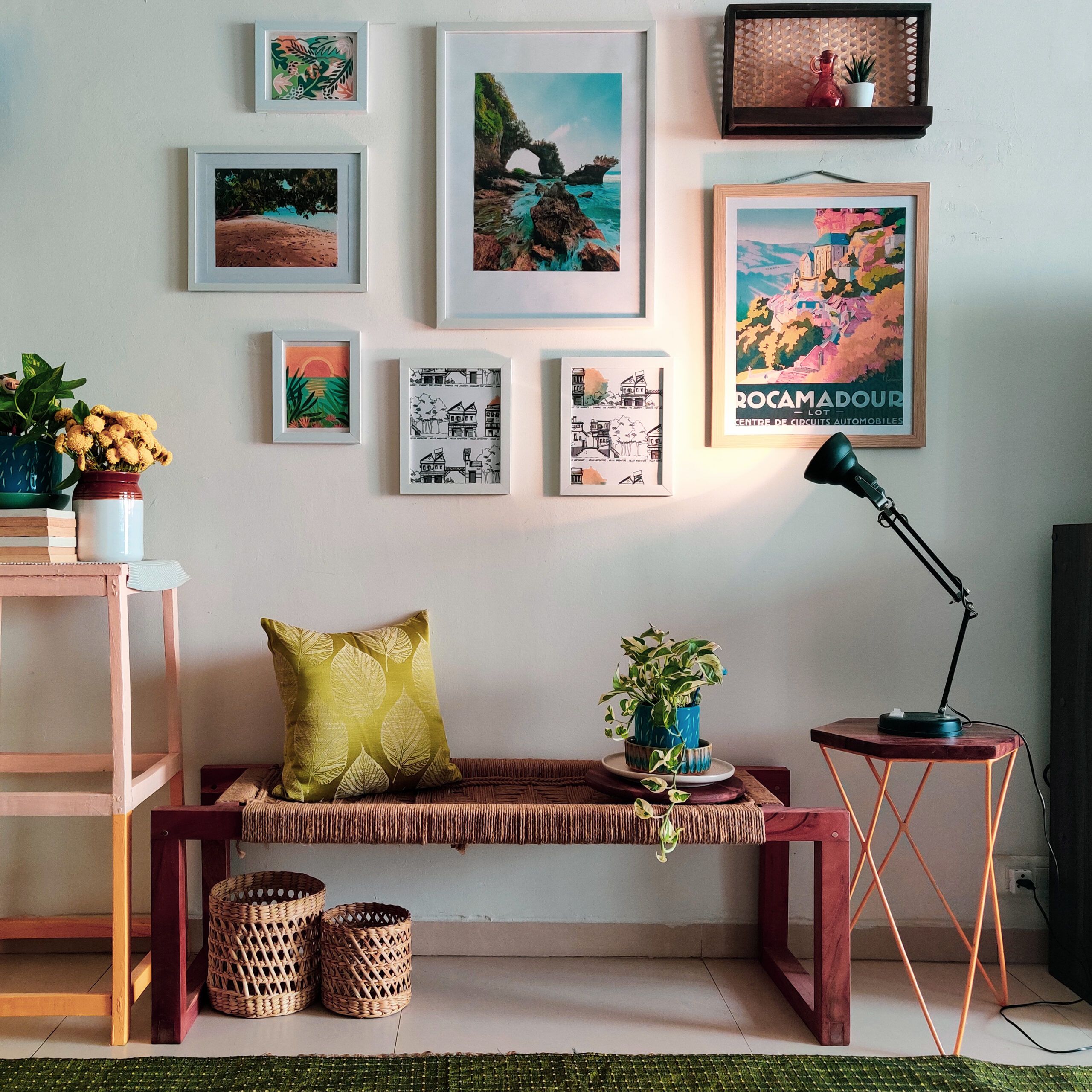 craft ideas for home decor-frames on wall-bench-cushion-light-plant