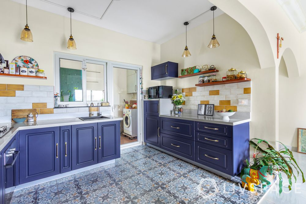 blue kitchen-bohemian kitchen-moroccan tiles for flooring