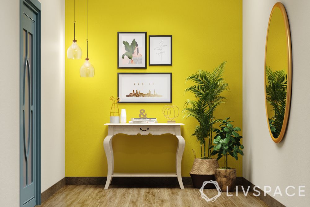 console tables-white table-yellow wall