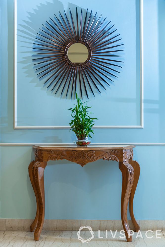 console table designs-wooden table-blue wall