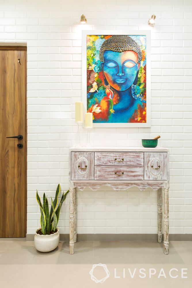 console table designs-white table-white brick wall