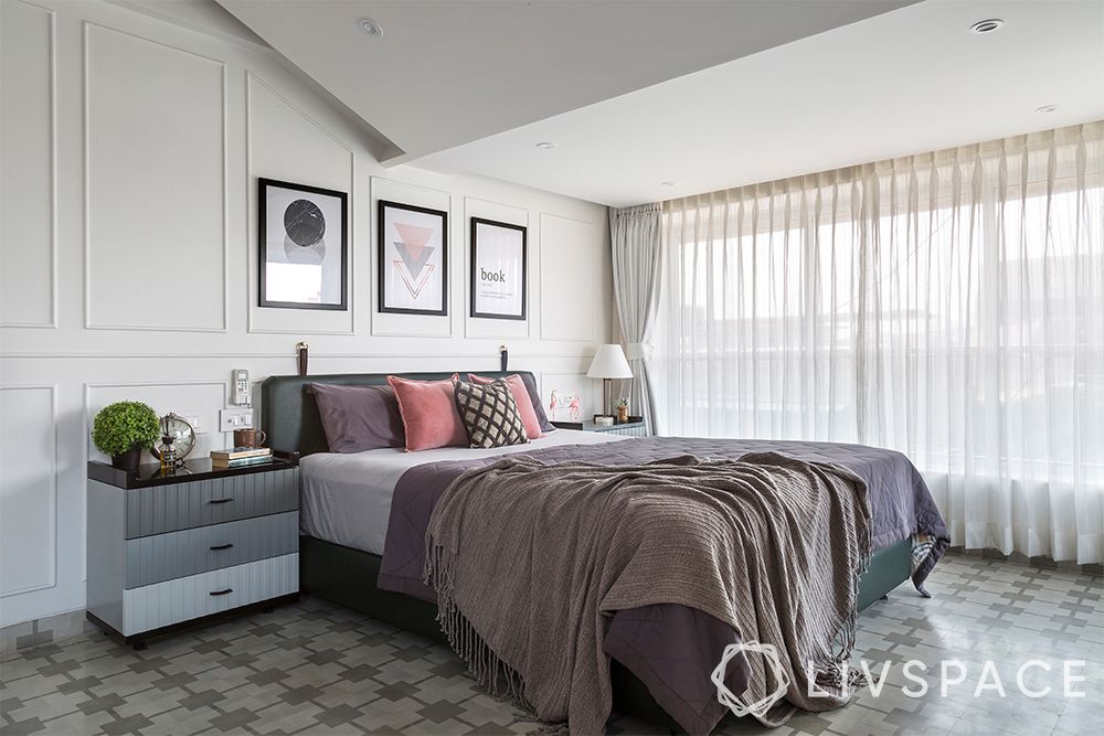 minimalist house interior-bedroom-bed-wall design-linoleum flooring
