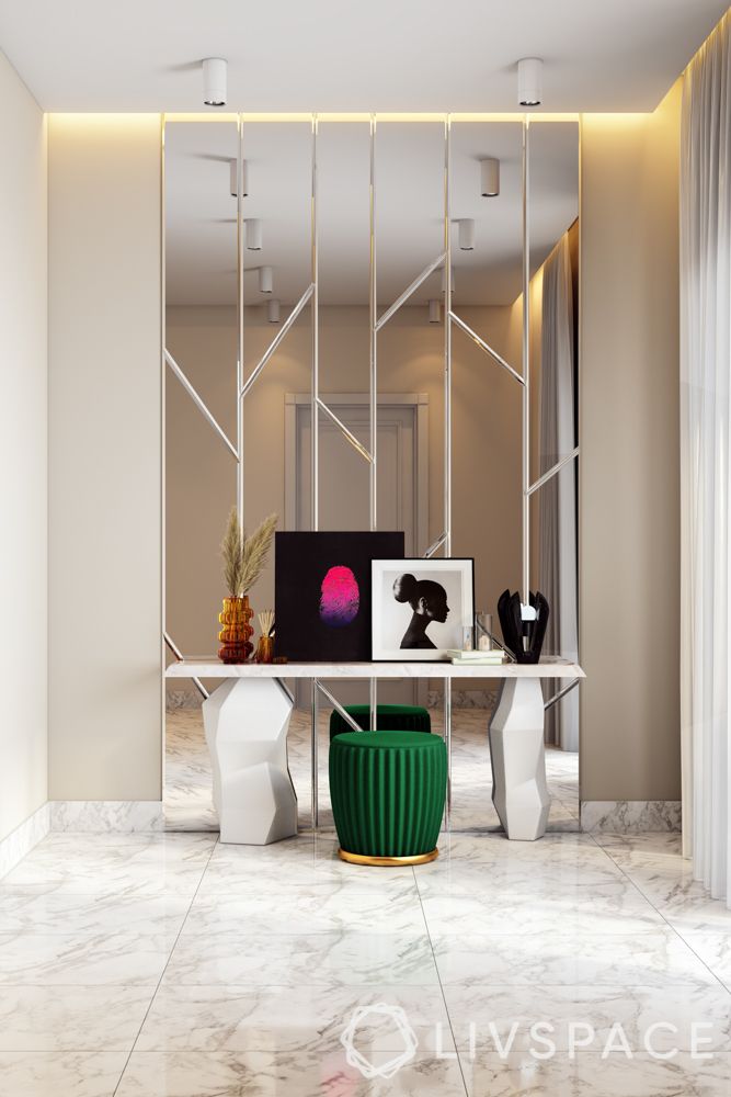 interior wall design-accent wall-mirrored wall-foyer