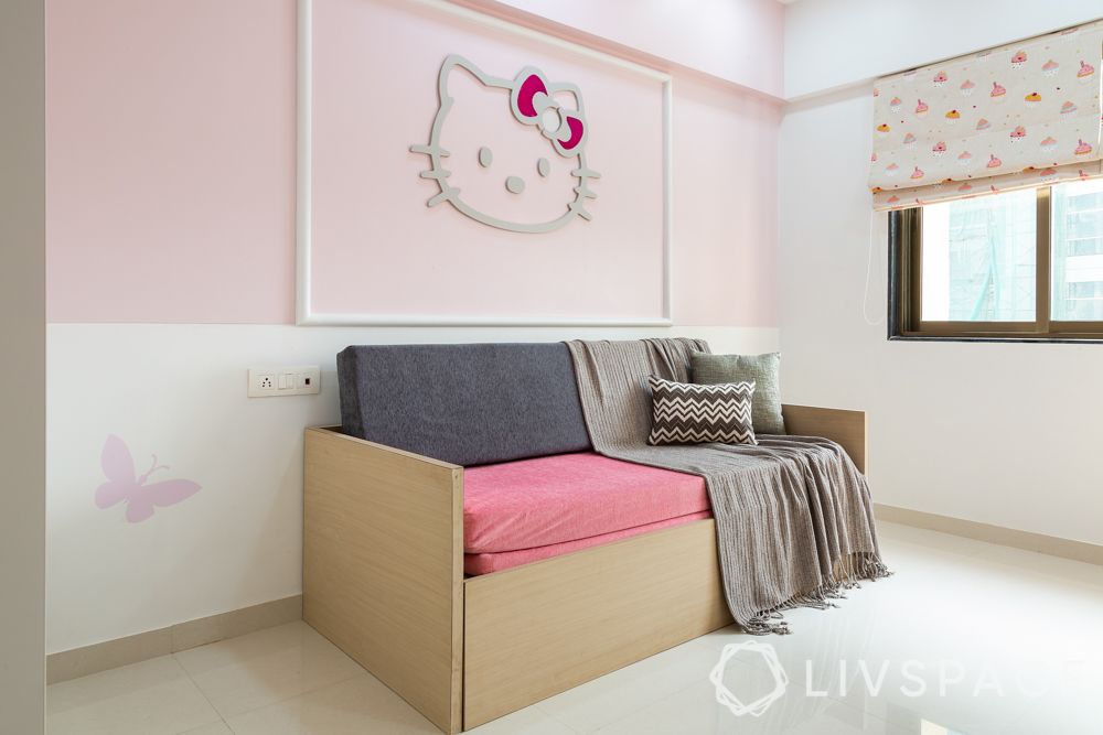 bedroom design for girls-Hello Kitty themed room-wall moulding-sofa cum bed