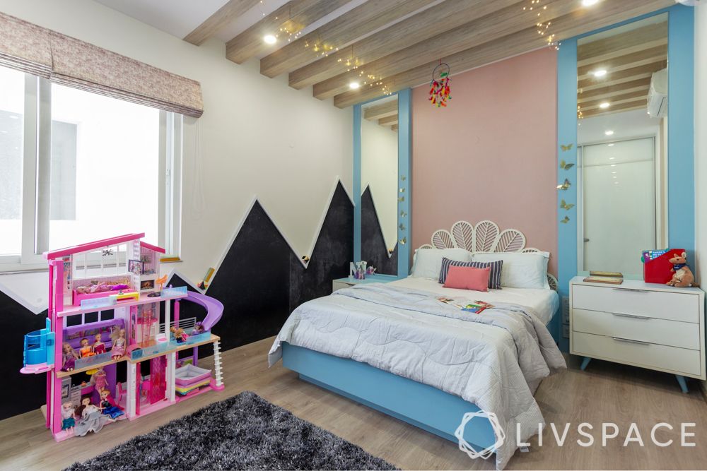 bedroom design for girls-wooden rafters-fairy lights-chalkboard wall-full length mirrors