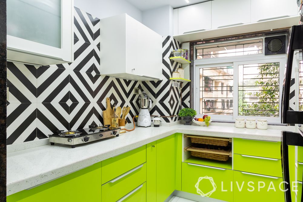 l-shaped-kitchen-design-lime-green-black-and-white-backsplash