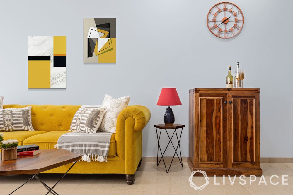 yellow sofa-wooden bar unit
