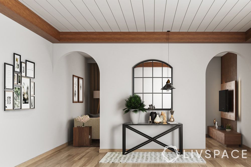 wooden ceiling-entrance-modular rafters-mirror-console table