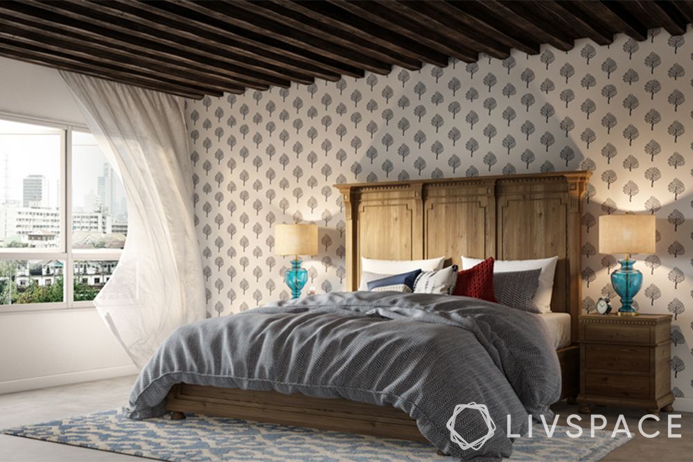 wooden ceiling-bedroom design-bed-lamps-wallpaper