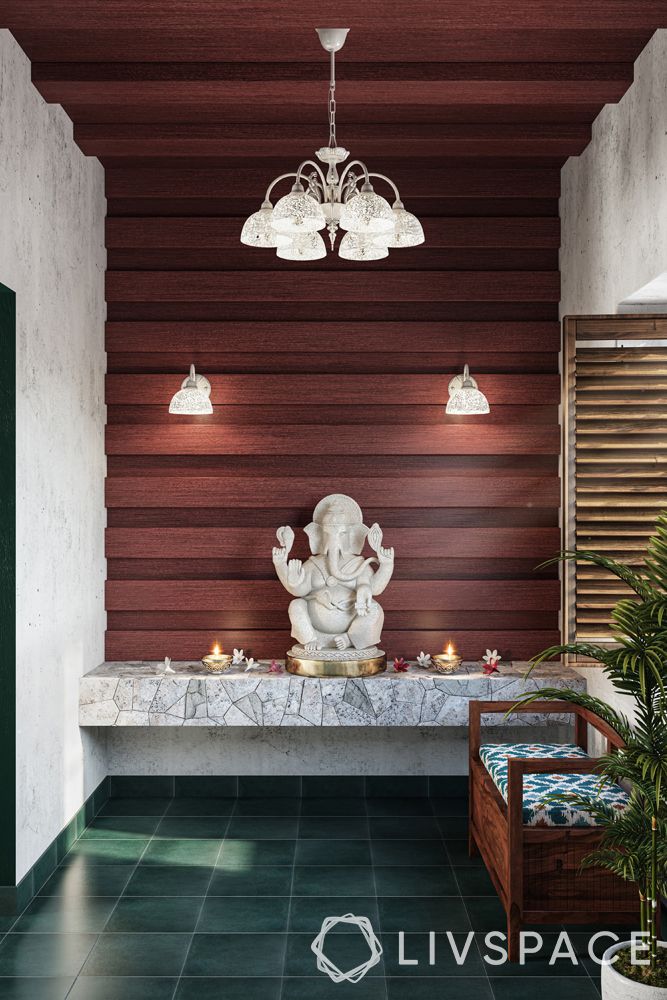 wooden ceiling-pooja room-maroon modular rafters-chandelier-lighting-ganesh