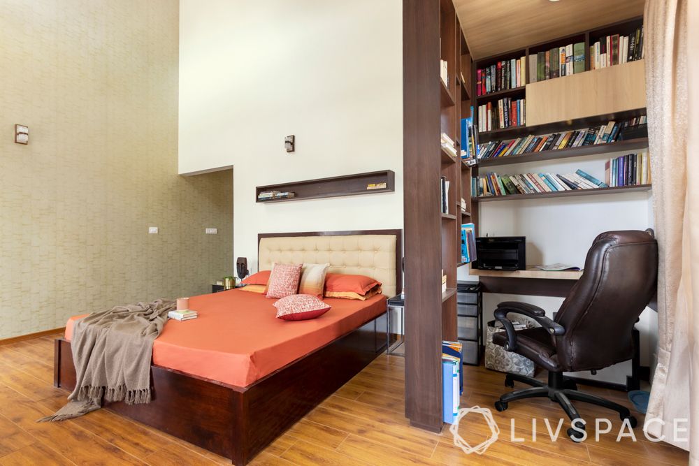 wooden flooring-bedroom-bookshelf-partition-study table